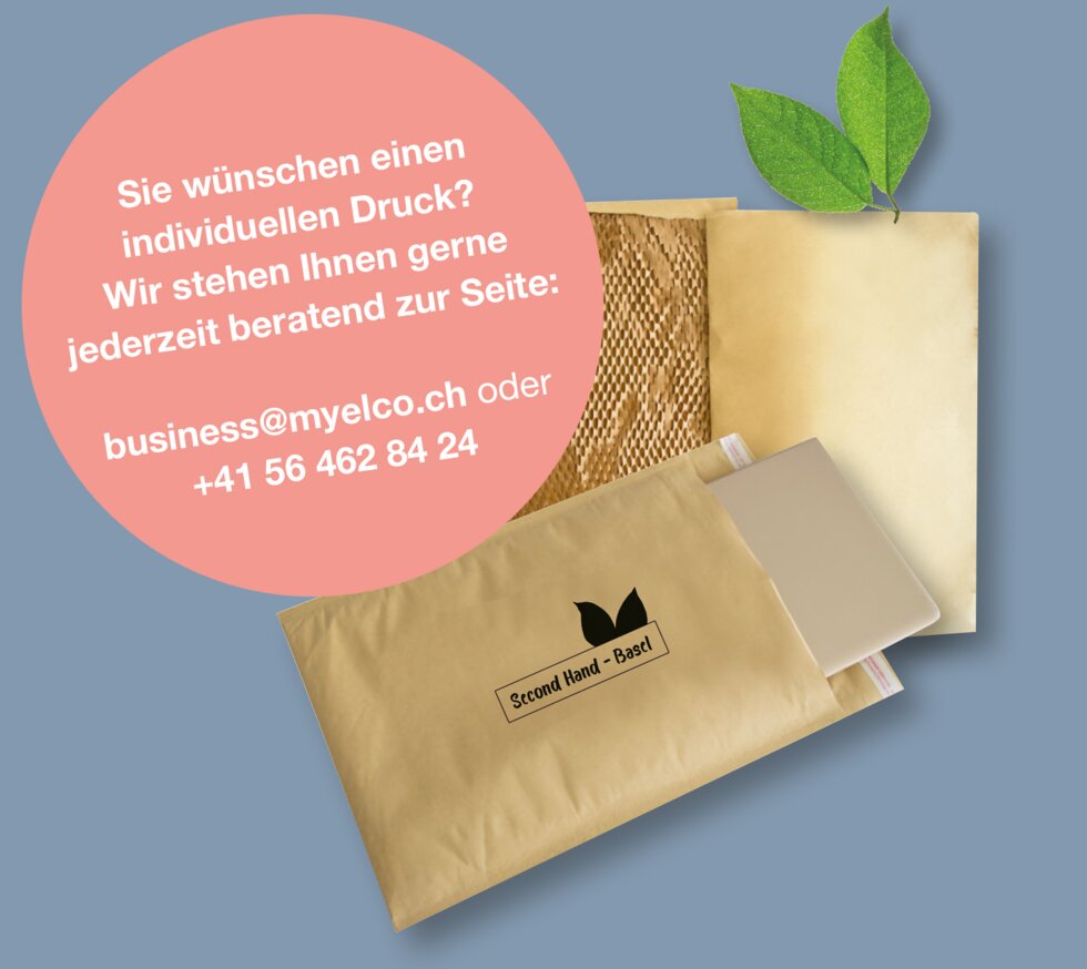 Darstellung der nachhaltigen Papierpolstertaschen mit Inhalt. Diese können individuell bedruckt werden.