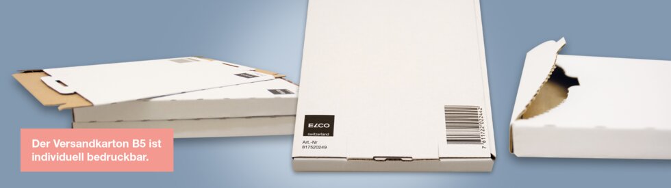 Darstellung der unterschiedlichen Ansichten des Versandkartons B5. Der Versandkarton ist individuell bedruckbar.
